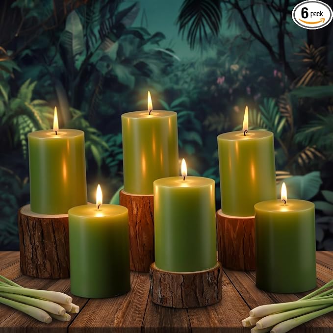 Lounsweer 6 Pcs 3 x 4 Inch Citronella Scented Pillar Candles Green Scented Candle for Home Indoor & Outdoor Use