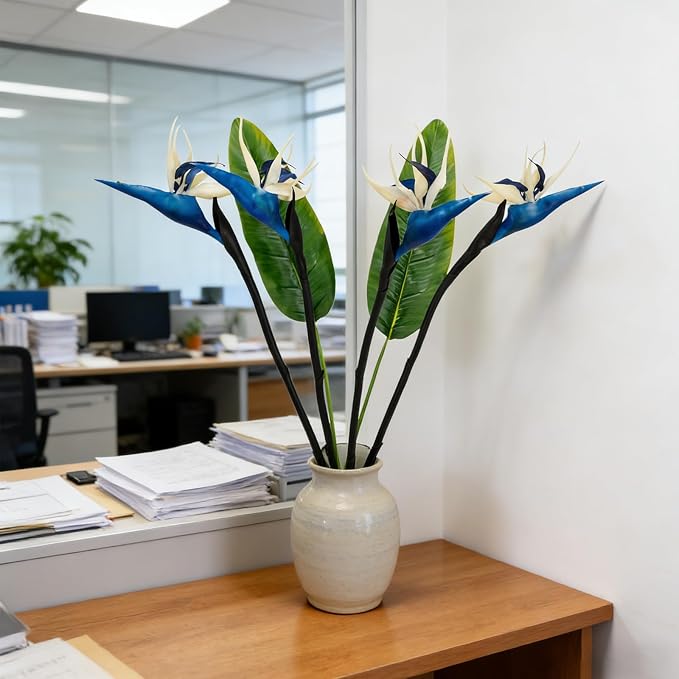 Artificial Bird of Paradise Flowers Real Touch 31.5'in Long Stem Flower 4 Pcs, with Bird of Paradise Leaves 33.5'in Long Stem Greenery Plants 2 Pcs,for Home Garden Wedding Party Decor (Blue 6 Stems)