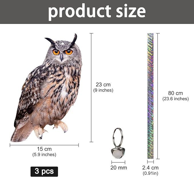 3 Pack Hanging Outdoors Reflective Scarer Away Owl Device to Keep Animals Pigeon Woodpecker Away from Patio Garden