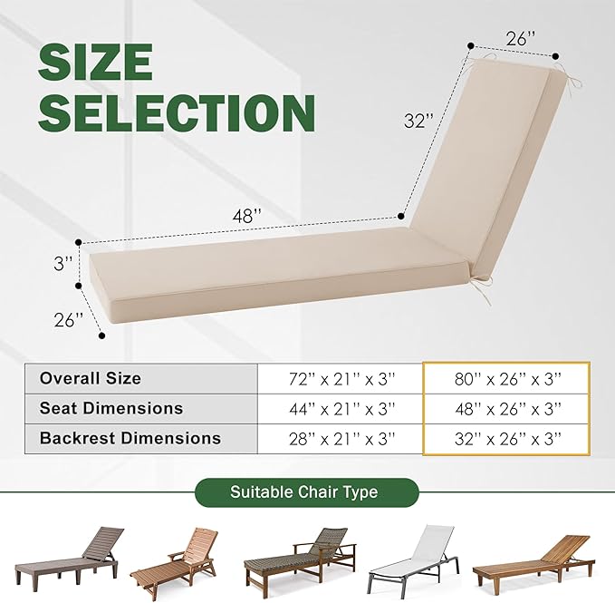 Chaise Lounge Cushions Outdoor, 80x 26x 3 Inch Waterproof & Fade-Resistant Lounge Chair Cushion, Outdoor Chaise Cushion with Removable Cover & Ties for Lawn, Patio, Pool & Beach, Beige
