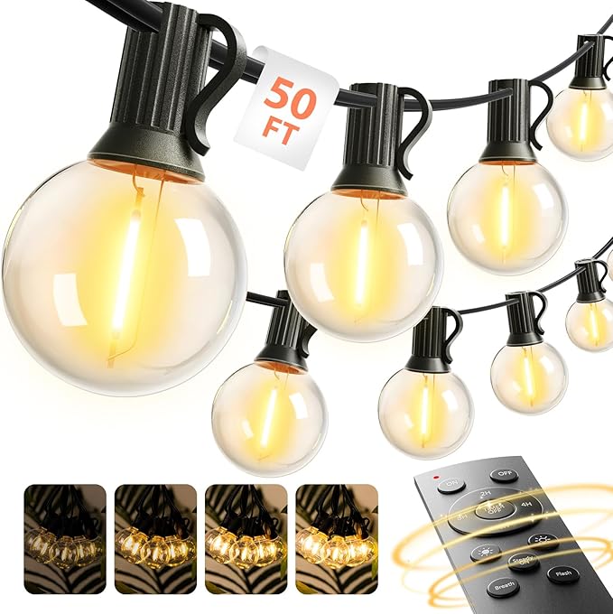 addlon Outdoor String Lights 50FT G40 with Remote, 27 LED Shatterproof Bulbs, Dimmable Patio Globe Lights Waterproof, Hanging Outside Lighting for Backyard, Garden, Deck, Balcony, Porch, Café, Decor