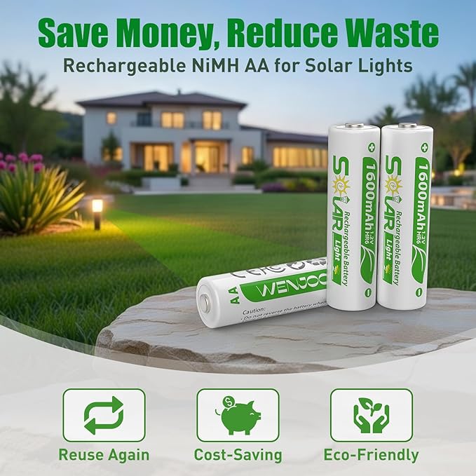 16 Pack AA Rechargeable Batteries for Solar Lights, NiMH 1.2V 1600mAh Precharged Low Self-Discharge, Replacement Batteries for Outdoor Garden Pathway Deck Fence String Lights