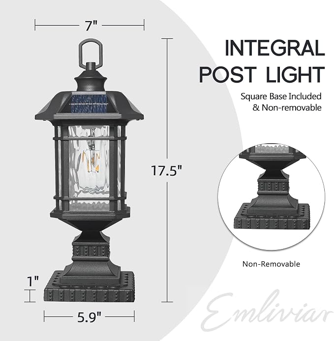 Emliviar Integral Solar Lamp Post with Fixed Pire Mount Base, Matte Black LED Fence Deck Pilllar Lighting for Patio, Portable Outside Solar Panels Lamp with Water Grain Glass, 2084P-ML SL BK