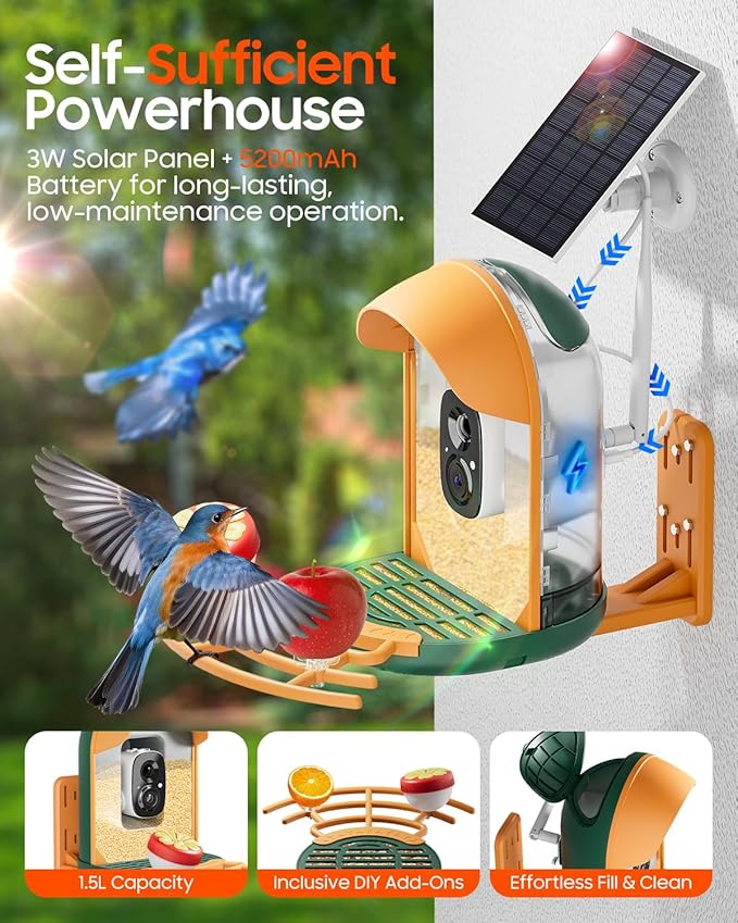 Bird Feeder with Camera, Smart Birdfeeder with Cam Solar Powered, 2K HD Video, AI Identification, Instant Arrival Alerts, IP66 Bird Bath & Feeder,Gift for BirdLover (with Stand, Dark Green)