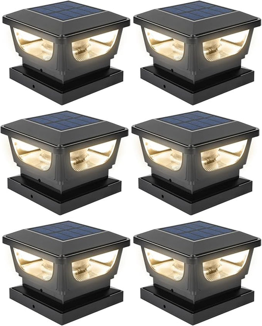 Sumaote Solar Post Cap Lights, 120 Lumen 3000K Warm White LED for 3x3 Metal/Vinyl & 4x4 Wood Posts, IP65 Waterproof Outdoor Garden Fence Deck Lighting, Dusk-to-Dawn Auto On/Off (6 Pack)