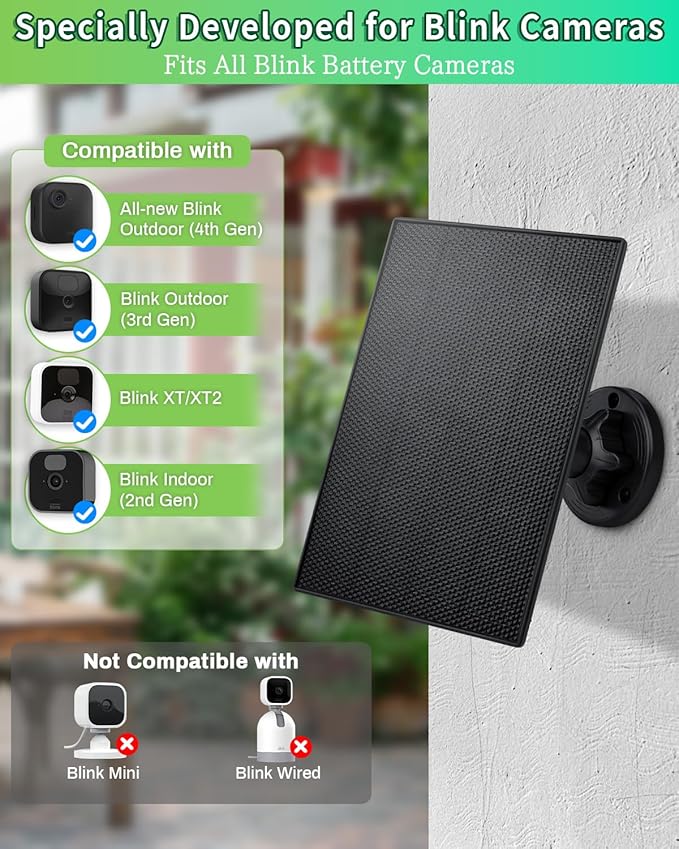 Solar Panel for Blink Camera, 3W Solar Charger Built-in 2600mAh Battery,IP65 Waterproof Solar Panels for Blink Outdoor 4(4th Gen)/Outdoor(3rd Gen) XT3 & XT2/XT Camera, with 9.8ft Cable (1)
