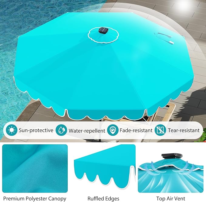 Tangkula 10FT Solar LED Patio Umbrella, 2-Tiers Scalloped Outdoor Table Market Umbrella with 24 LED Lights, Vented Top, Tilt Adjustment, Crank, 8 Ribs for Backyard Poolside Deck Beach Lawn (Turquoise)