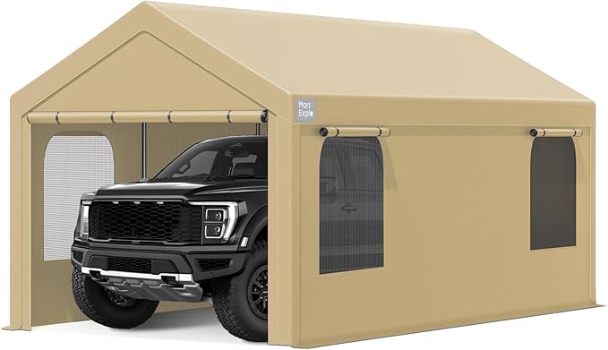 Carport, 10 x 20 FT Portable Garage Heavy Duty, Carport Canopy with Sidewalls Roll-Up Door & Windows, Car Port Canopy Tent Reinforced with Extended Skirt(Khaki)