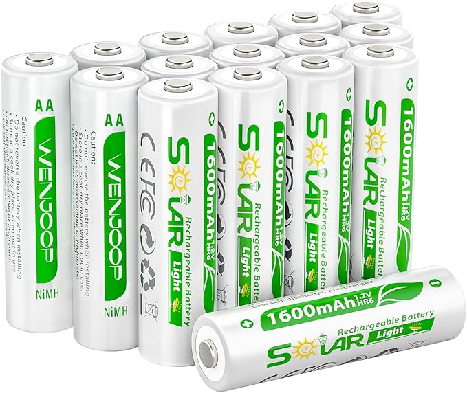 16 Pack AA Rechargeable Batteries for Solar Lights, NiMH 1.2V 1600mAh Precharged Low Self-Discharge, Replacement Batteries for Outdoor Garden Pathway Deck Fence String Lights
