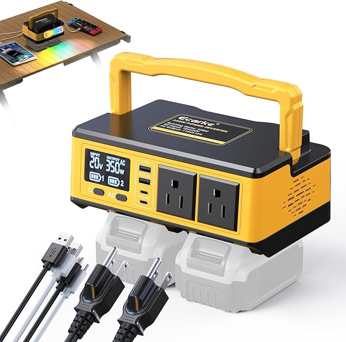 Ecarke 350W Portable Power Inverter Compatible with DeWALT 20V Battery, DC 20V to AC 110V Power Station with 2 AC Outlets, 2 USB, 2 Type-C & RGB LED Light, for Outdoor Emergency Use (No Battery)