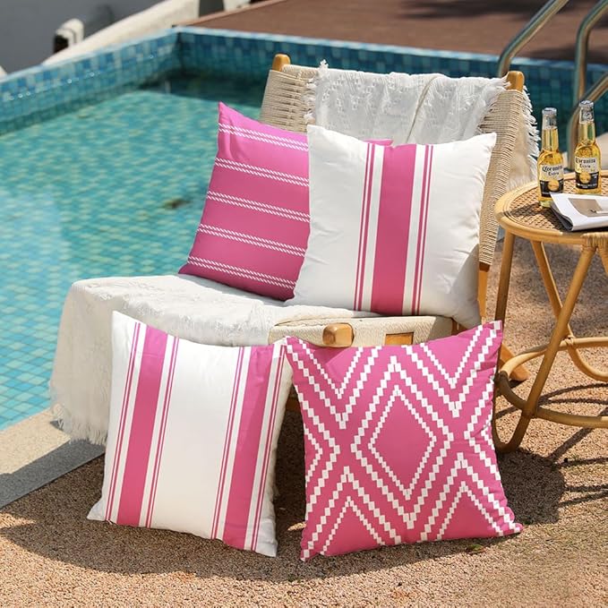DFXSZ Outdoor Pillow Covers 18x18 Inch Set of 4 Hot Pink Waterproof Modern Geometry Throw Pillows Outdoor Summer Waterproof Decor for Patio Funiture Garden Polyester Cushion Covers 013L18