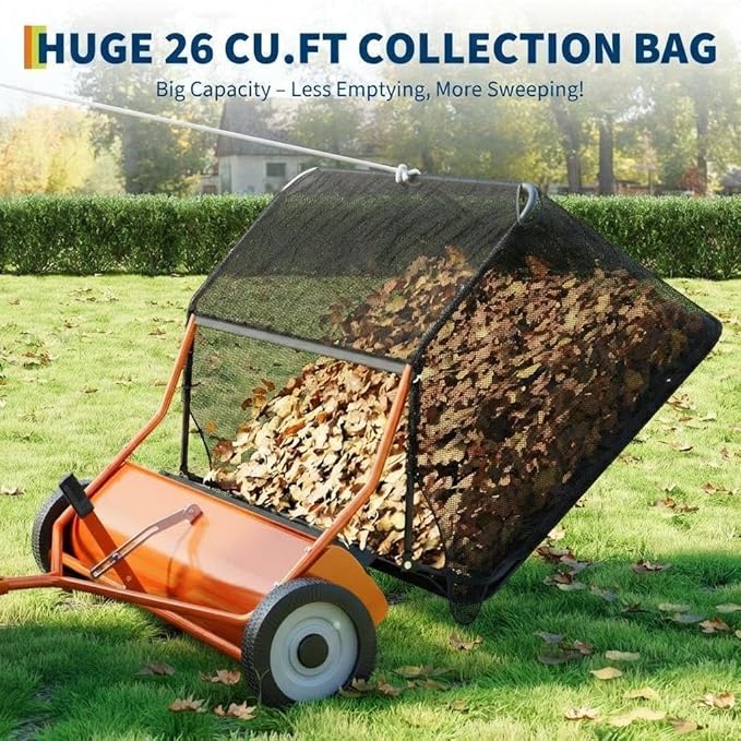 52" Large Capacity Pull Behind Lawn Sweeper with Adjustable Sweeping Height - Leaf & Grass Collector with Dumping Rope Design for Picking Up Grass and Debris
