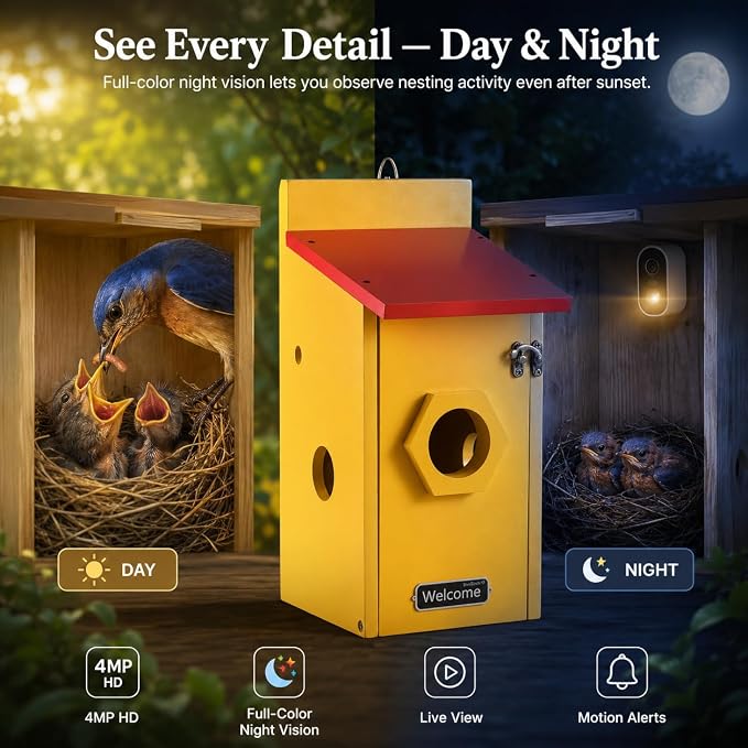 Smart Birdhouse with Camera for Backyard Bird Watching, Wooden Outdoor Nesting Box with App Live View, Motion Detection, Color Night Vision & Two-Way Audio