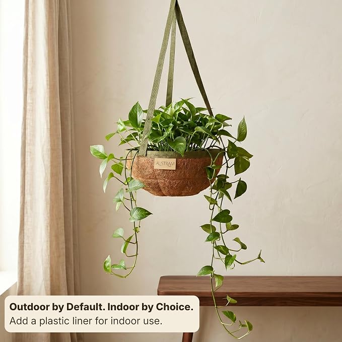 15 Inch Handmade Coco Fiber Hanging Basket 2 Pack - Hanging Planter for Outdoor Plants - Natural Boho Rustic Coconut Coir Oversize Decorative Flower Pot Holder for Porch Patio Balcony Garden