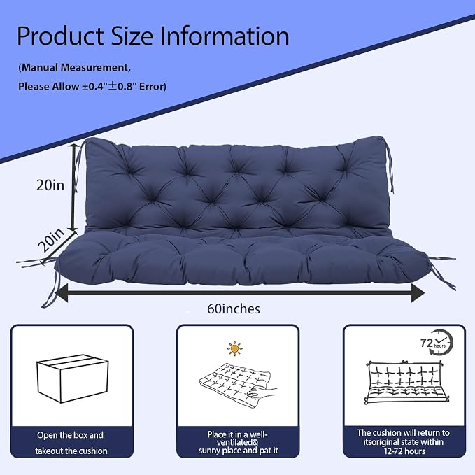 Porch Swing Cushions Outdoor, 5 Inch Thick Waterproof 2-3 Seater Replacement Swing Cushion with Backrest and Anti-Slip Ties, Perfect for Porch, Patio, Garden, Outdoor Bench Furniture, 60×40×5 Inch