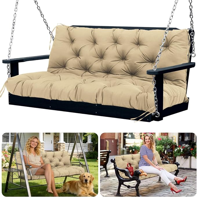 Porch Swing Cushions 3 Seater Replacement Thicken 5" Waterproof & Fade Resistant Swing Cushions for Outdoor Furniture Bench Patio Swing Cushion with Backrest & Ties(Khaki 55x40x5inch)