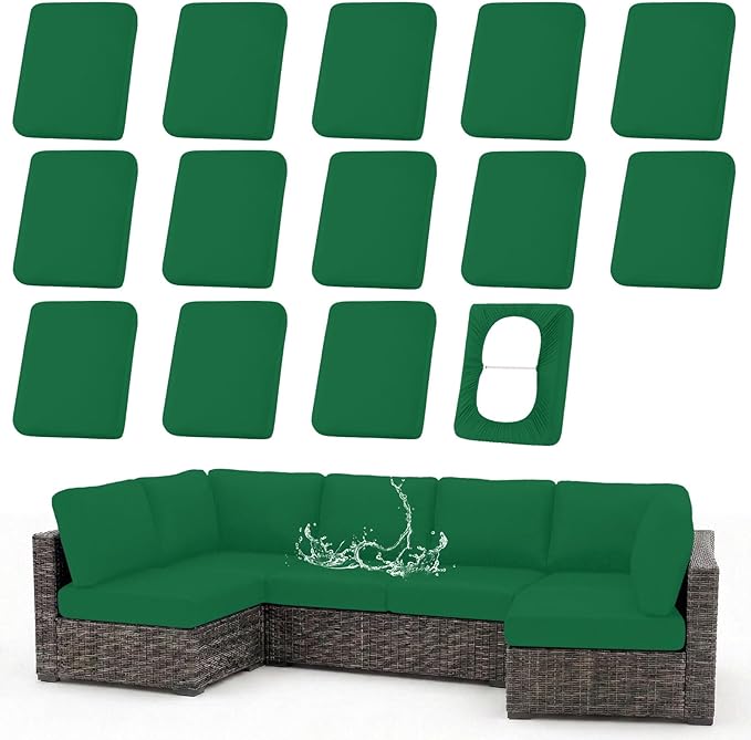 hyha Waterproof Outdoor Cushion Covers for Patio Furniture, Stretch Patio Chair Cushion Slipcovers, Coated UV Resistant Replacement Seat Covers, Solid Color (Green, 14PC)