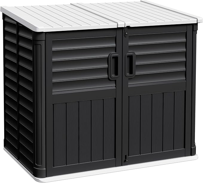 Devoko Resin Outdoor Storage Shed, 34 Cu Ft Outdoor Storage Cabinet Without Shelf, Waterproof, Double Locks, Resin Storage for Trash Can, Garden Tools, Pool Supplies (Black)