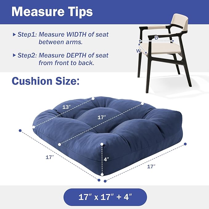 IPYNBAP Outdoor Chair Cushions Set of 2, Patio Chair Cushions with Ties, 17x17+4” Tufted Outdoor Seat Cushions, Waterproof Patio Furniture Cushions, Outdoor Dining Chair Pads, Navy