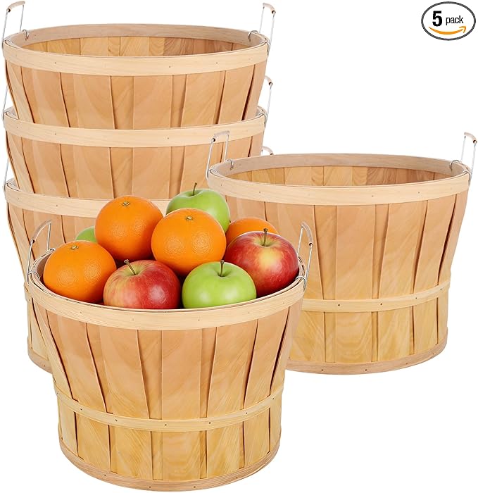 5 Pack Jumbo Half Bushel Baskets 14 x 9.5 Inch, Large Natural Wooden Harvest Apple Baskets with Handles for Harvest Fruit Plants, Farmers Market, Produce, and Home Storage Use
