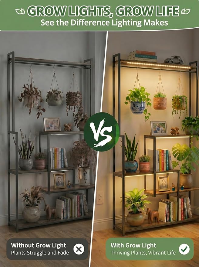 Large Plant Stand with Grow Lights 72", 5 Tier Plant Shelf with 3 Full Spectrum LED Strips & Timer, Heavy Duty Metal Plant Rack for Multiple Pot, Display Shelf for Living Room, Bedroom, Home Decor