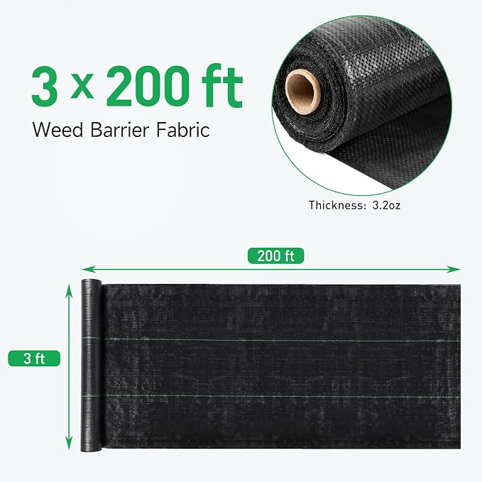 GreatBuddy 3FT × 200FT Weed Barrier Landscape Fabric Heavy Duty, 3.2oz High Density Weed Cloth for Greenhouse, Garden, Yard, Pathway, Ultra Durable Woven Weed Control Ground Cover, Easy Setup