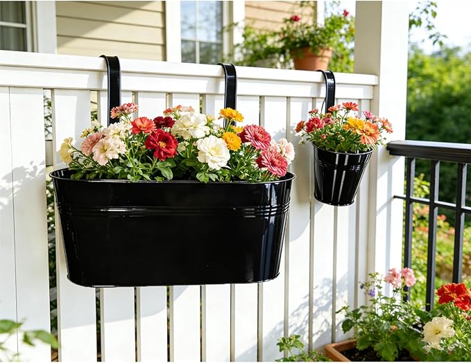 Set of 4 Outdoor Metal Railing Planters Box - 2 Pcs 5.12" Round Balcony Hanging Planter & 2 Pcs 17" Oval Fence Pot with Detachable Hooks Drainage, Black