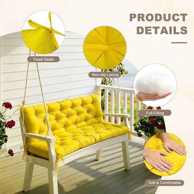 Porch Swing Cushion with Backrest, Waterproof Bench Cushion for Outdoor Furniture, 2-3 Seater Replacement Thickened Swing Cushion with Ties, Patio,Outdoor, Backyard and Garden (Yellow,47x40in)