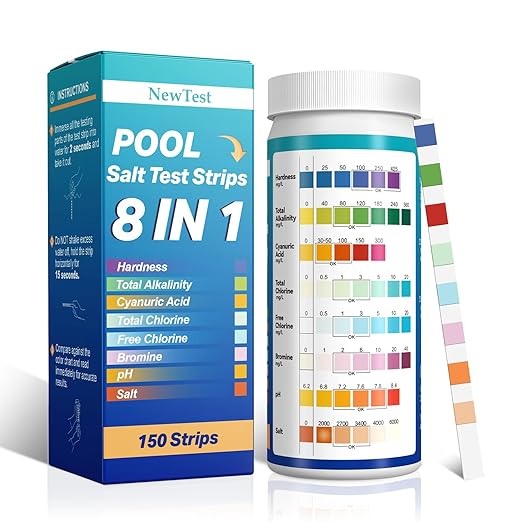 Pool Salt Test Strips: 150CT 8 in 1 Professional Pool Test Strips for Salt Water Pool & Hot Tub & Spa & Swimming Inground Pools - Quick Accurate Results Saltwater Pool Testing Kit