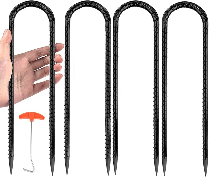 12" Trampoline Ground Wind Stakes Anchors High Wind Heavy Duty, 4 Pack U-Shaped Rebar Tent Stakes for Camping Tents, Soccer Goals,Fences, Swing, Landscape,Garden Decoration (U-4Pack)