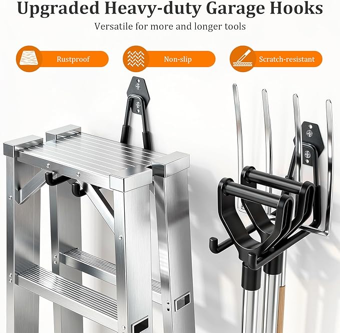 Housolution Steel Garage Hooks - 18Pack Anti-Slip Coating, Heavy Duty Wall Mount Hooks for Bikes, Garden Tools, Ladders, Hose, Bulk Items Ropes, Garage Tool Organizer with Extension Cord Wrap, Black