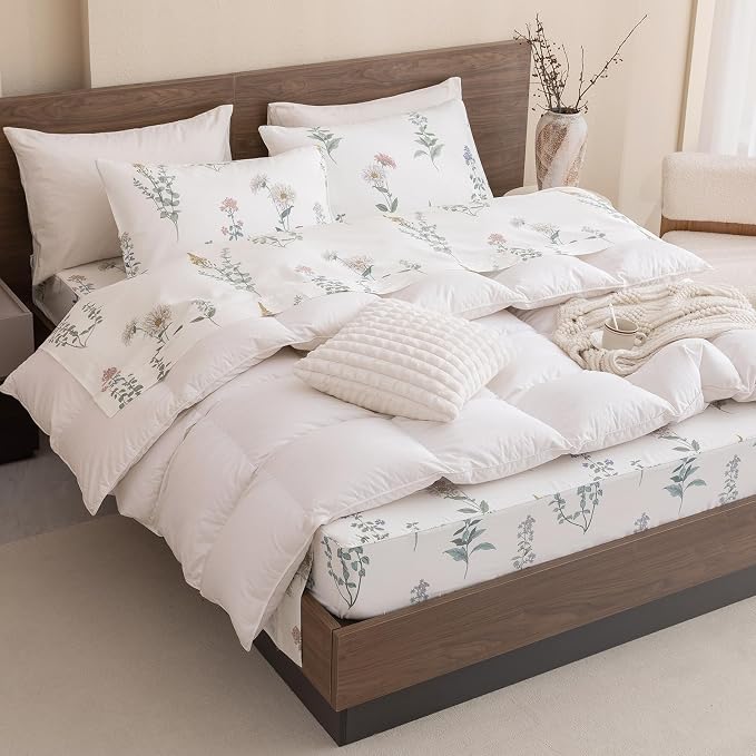 QSH Floral Queen Size Sheet Sets - 100% Egyptian Cotton Sheets Elegant Flower Pattern Printed Bedding Sheets Queen Size Bed Extra Soft and Breathable 4pcs Deep Pockets Bed Sheets
