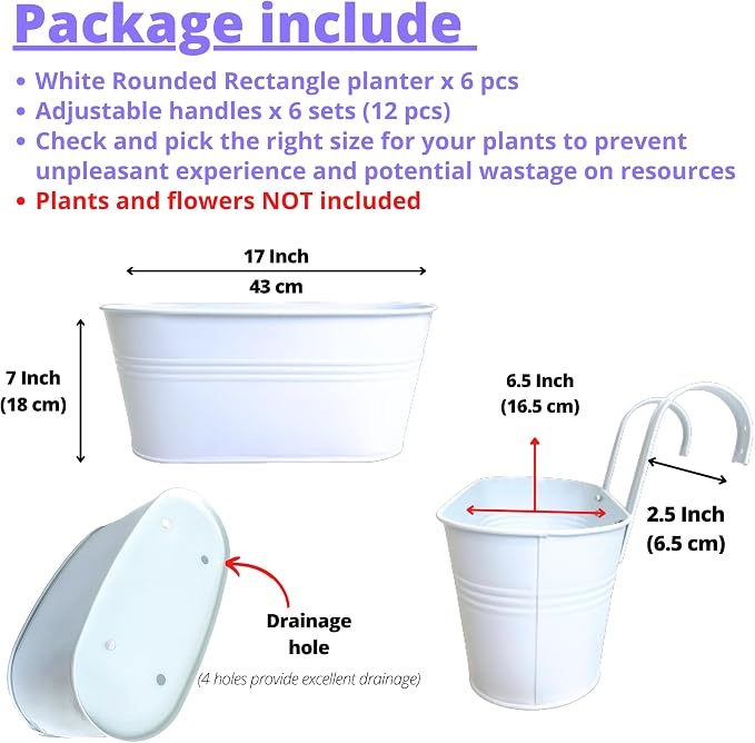 LaLaGreen Planter Boxes for Outdoor (6 Pack, 17 Inch) White Metal Deck Railing Hanging Flower Pots, Large Window Box Plant Holder Hooks Fence Rail Buckets Modern Herb Boho Style Wall Mount Porch Decor