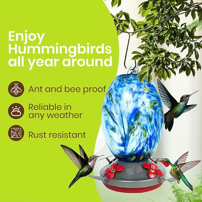 Nature Gear Glass Hummingbird Feeder for Outdoors, Hanging Bird Feeder with Ant Moat, Hand-Blown Glass Garden Feeder, Easy Clean Wide Mouth, Rust Resistant, 38 oz, Sky Blue