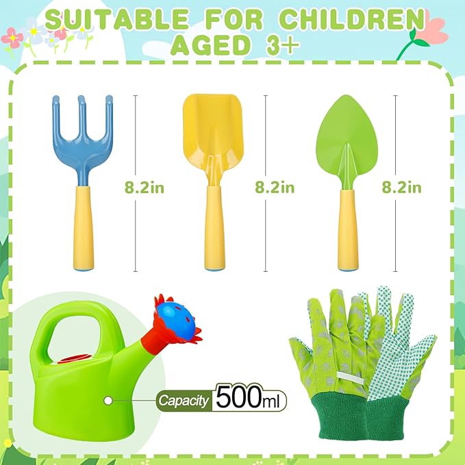 Biubee Kids Gardening Tools Set - Sturdy Watering Can Toy Set with Metal Shovel Hand Rake Kids Gloves, Toddler Gardening Kit Garden Toys for Outdoor Beach Sand Toy Gift, Green
