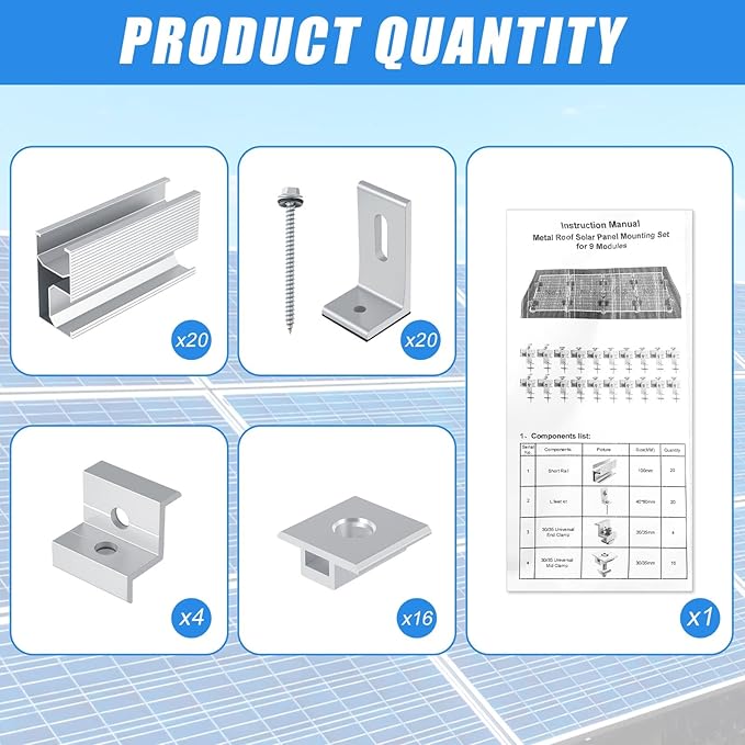40 Pcs Solar Panel Mounting Brackets Kit for 1-18 Pieces Adjustable Aluminum Alloy Mounting Stand Support Photovoltaic Flat Pitched Roof Bracket for Slate, Tile, Cement, Wooden, Tin Roof