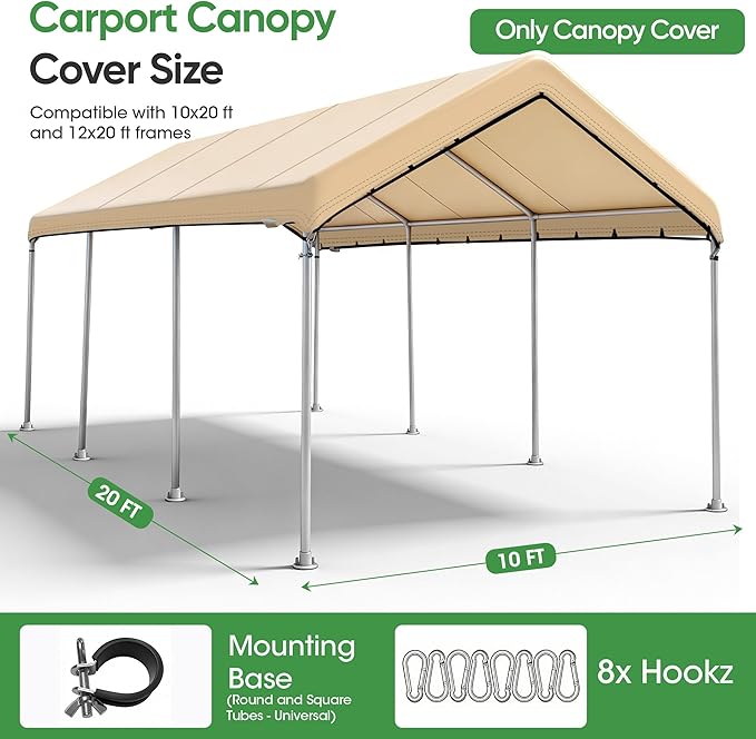 SIHAIAN 11 x 20 Ft Carport Replacement Canopy Cover(No Frame), Easy to Set up Carport Canopy, 500D Heavy-Duty Garage Top Tent Shelter Tarp Waterproof and UV Protected (Only Canopy Cover)