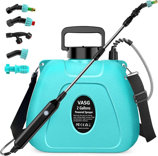 2 Gallon Battery Powered Garden Sprayer, Powerful Electric Pump Sprayer, Weed Sprayer with USB Rechargeable Handle, 5 Mist Nozzles, Retractable Wand, Adjustable Strap for Lawn, Garden, Yard