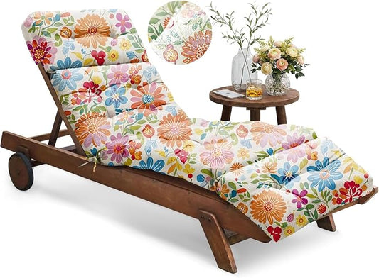 Outdoor Chaise Lounge Chair Cushion Waterproof 74.4 x 22 x 4.7 Inches Memory Foam Lounge Chair Cushions for Outdoor Furniture with Ties, Thickened Pool Lounger Cushion, Colorful Daisy
