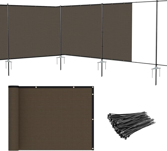 Patio 5' x 146' Outdoor Privacy Screen Freestanding Temporary Fence Panels Net Cover with Metal Poles for Outside Backyard Pool Garden Air Conditioner Fencing, Brown