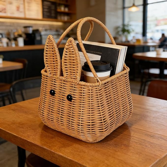 Picnic Basket, Garden Harvest Basket, Wicker Shopping Baskets with Foldable Handles, Reusable Handwoven Market Baskets for Carrying Shopping Storage Gathering (Brown, Bunny Ears)