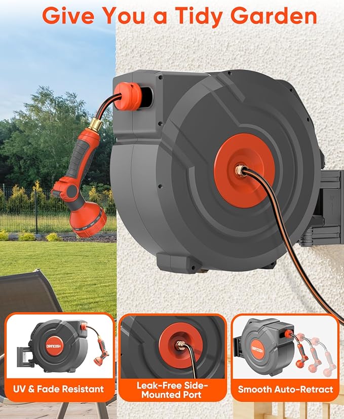 Retractable Garden Hose Reel 100 ft 1/2 inch Automatic Rewind with Any-Length Lock 9 Pattern Sprayer Nozzle 180° Swivel Wall-Mounted Hose Reel for Home Yards