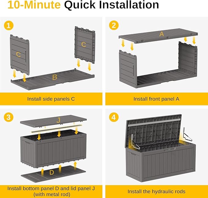 EAST OAK Outdoor Storage Box, 90 Gallon Deck Box, Water-Resistant Resin Storage Bin for Patio Cushions, Gardening Tools, UV Resistant, Lockable, Grey