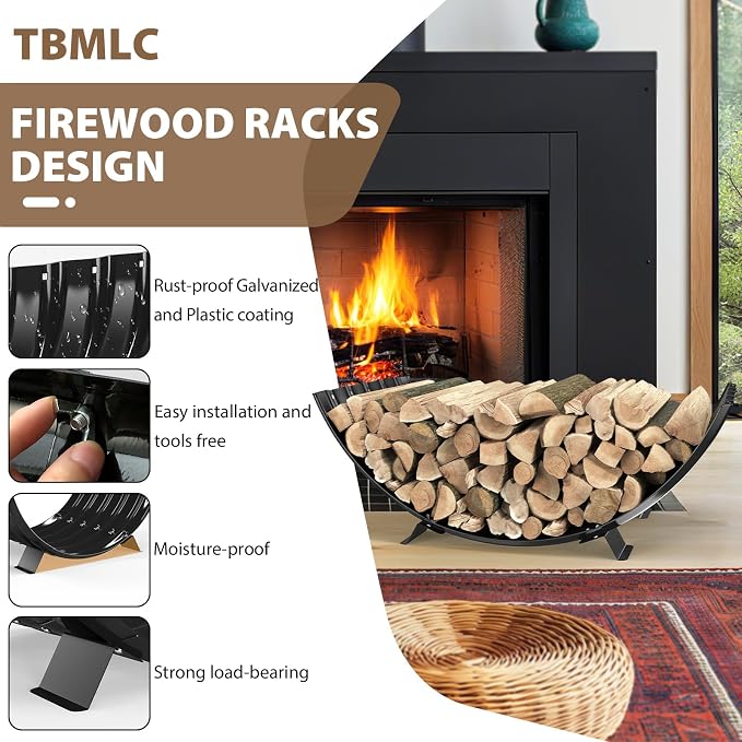 TBMLC 32 inch Diameter Sector Firewood Rack Storage -0.8MM Thick Galvanized Steel with Wave Pattern & 4 Stable Feet, Black Coated for Indoor/Outdoor Wood Storage (2.7FT Diameter)