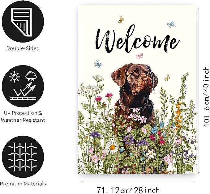 Floral Chocolate Lab Garden Flag Spring Summer House Flags 28 x 40 Double Sided Flower Labrador Dog Yard Flags for Outside Large Outdoor Welcome Flags