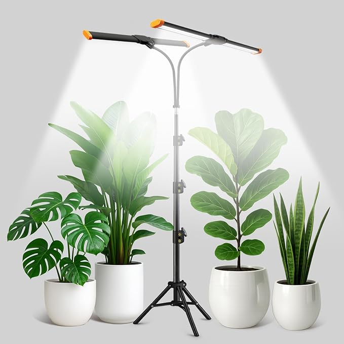 Plant Grow Light with Stand,Super Bright 6000K White Full Spectrum Floor Growing Lamp with Rotatable Dual Light Head & Height Adjustable 17-62" for Indoor Tall Plants, Dimmable & Auto Timer 4/8/12H