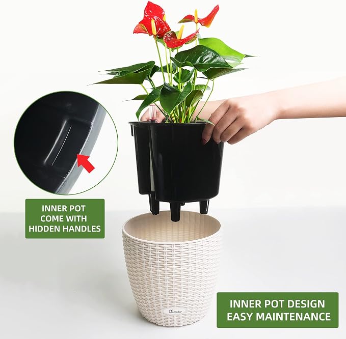 Dexceder 9x8 Inches Rattan Self Watering Planter Indoor Outdoor, Inner Pot Design, Thickened Table Flower Plant Pot with Water Level Indicator (Ivory White) | Inner Pot Design, Thickened Table Flower Plant Pot with Water Level Indicator Indoor Outdoor