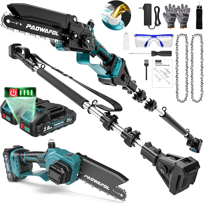 2-in-1 Pole Saws for Tree Trimming, Mini Chainsaw Cordless 6 Inch with 15 FT Max Reach, Electric Pole Saw with 2*21V Batterys, Auto-Oil Brushless Branch Cutter for Tree Trimmer Pole Saw Blue