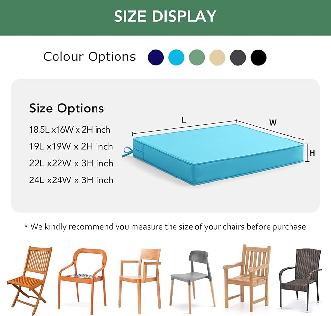 Summsun Outdoor Chair Cushions Set of 4: Waterproof & Color Fastness Seat Cushion for Patio Furniture - 22 x 22 x 3 Inch Chair Pads with Ties and Hidden Zipper - Patio Chair Cushion Replacement, Teal