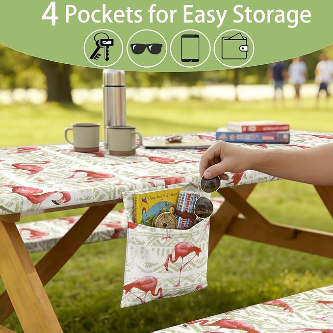 Fitted Waterproof Picnic Table Cover with Bench Covers Heavy Duty Elastic Outdoor Camping Tablecloth for 8 Foot Rectangle Tables Summer Rv Accessories Patio Garden Road Trip Essentials Gifts